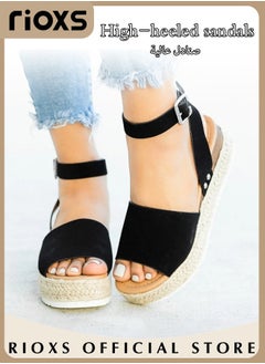 Buy Women's Hollow Roman Wedge Sandals Round Open Toe Sandals Summer Comfortable Buckle Sandals in UAE