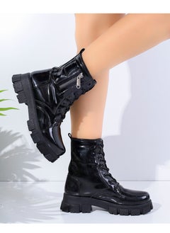 Buy Boot Mid Heels Leather Glossy - Black E-19 in Egypt