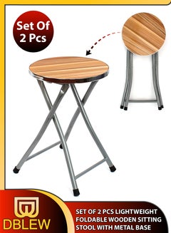 Buy Set Of 2 Pcs Portable Round Folding Cocktail Bar Table Lightweight Foldable Stool Chair Wooden Seating Top For Home Indoor Outdoor Picnic Seat With Metal Frame in UAE