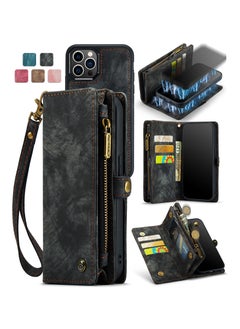 Buy Protective Phone Cover Case Wallet Case For Apple iPhone 12 Pro Max, 2 in 1 Detachable Premium Leather Magnetic Zipper Pouch Wristlet Flip Phone Case (Black) in UAE