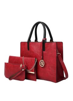 Buy A set of women's handbags with a classic design, made of leather, consisting of 3 pieces, color red. in Saudi Arabia