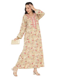 Buy THREAD EMBROIDERY WITH COLOURFULL PRINTED DESIGN LONG VISCOSE ARABIC KAFTAN JALABIYA DRESS in Saudi Arabia