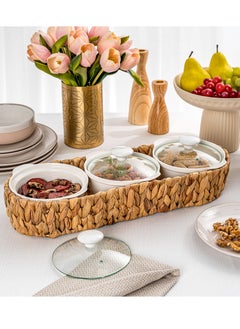 Buy Porcelain 3Pcs Round Casseroles With Lid And Rattan Basket in Saudi Arabia