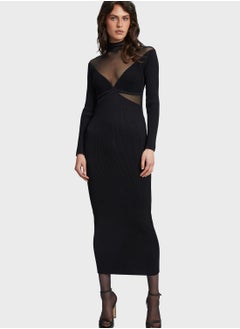 Buy Mesh Detail Knitted Dress in Saudi Arabia