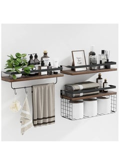 Buy Bathroom Wall Shelves with Towel Bar Rack & Toilet Paper Storage Basket & Hooks, Over Toilet Bathroom Organizers and Storage, Hanging Wall Mounted Floating Shelf for Bathroom Wall Decor Brown in Saudi Arabia