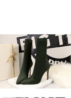 اشتري European And American Simple Women's Boots Slim Heel Pedicure Thin Pointed Lycra Elastic Ankle Boots Green في الامارات