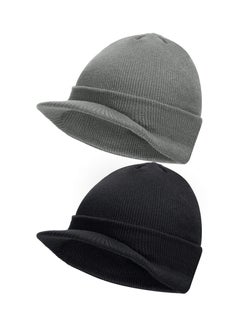 اشتري SYOSI 2Pcs Winter Men's Knit Cap with Brim Beanie Hat Warm Thick Hat, Fleece Winter cap with Visor - Men Women - Earflap Brim Skull Watch Cap Hat for Outdoor (Black & Grey, Fit Size: 8 x 21-23in) في الامارات