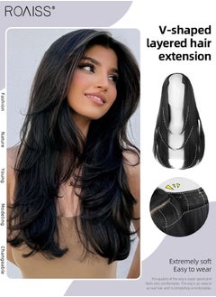 Buy V-Shaped Layered Hair Extensions, One Piece Straight Hair Extension Wig with 4 Clips, Heat Resistant Synthetic Hairpiece for Women Girls, Natural Black, 55cm (22 inches) in UAE