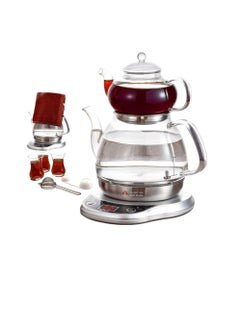 Buy Arabic Turkish Russian Electric Glass Samovar Tea Coffee Maker with 3 Pcs Cup, Tea Strainer & Towel 1000 ml Capacity 1000 Watt GA-C92871 in UAE