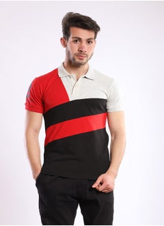 اشتري Tri-toned Short Sleeves Polo Shirt - Red, Black & Heather Beige في مصر