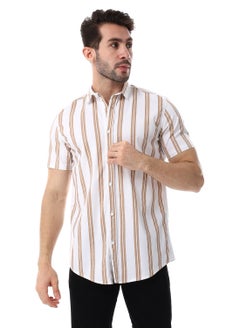 اشتري Striped Pattern Short Sleeves Shirt - White & Cider Brown في مصر