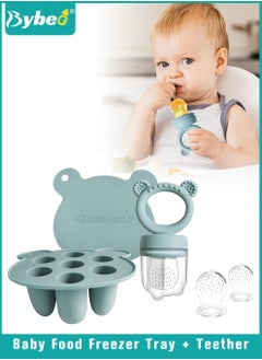 اشتري Baby Food Fruit Feeder Pacifier + Food Freezer Tray With 2 Replacement Silicone Pouches and Lid, Multi-Purpose Infant Teething Popsicle Molds and Teething Toy Set في الامارات