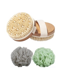 Buy Lifenpure™ round wooden brush natural bristles 1 pcs bath shower sponge pouf loofahs 2 pcs in UAE