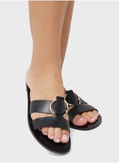 Buy Cutout Gold Hardware Detail Flat Sandal Black in Saudi Arabia