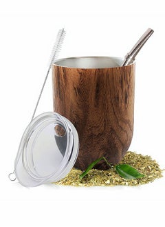 Buy Yerba Mate Tea Cup Set, Includes Bombilla Straw, Lid and Cleaning Brush, Stainless Steel Double-Walled Tea Cup for Yerba Mate Loose Leaf Drinking, Easy to Clean, Natural Brown, 12 Ounces in Saudi Arabia