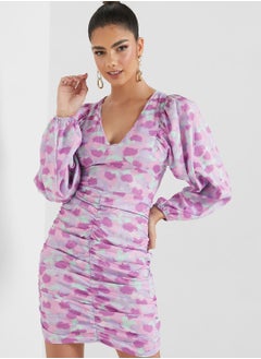 Buy Printed Plunge Puff Sleeve Dress in Saudi Arabia