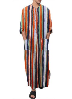 اشتري Men's Traditional Dresses Long Sleeve Striped Henley Shirts Kaftan Muslim Long Gown Thobe Robe for Men Multicolor Stripes في الامارات
