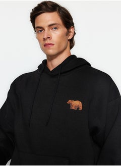 Buy Black Oversize/Wide Cut Hooded Animal Embroidery Inside Fleece Cotton Sweatshirt TMNAW24SW00097 in Egypt