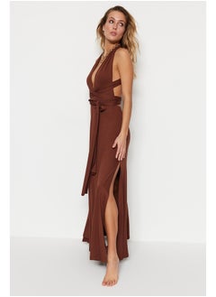 اشتري Brown Belted Maxi Knitted Tie Beach Dress TBESS21EL2992 في مصر