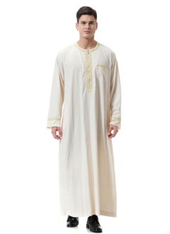 Buy Mens Jacquard Muslim Clothing Long Sleeve Kaftan Robe With Pockets And Zipper Islamic Arabic Abaya Clothes Light Beige in UAE