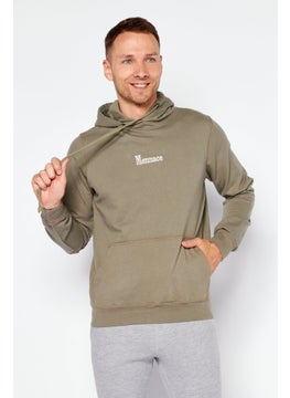 Buy Men Hooded Embroidered Logo Long Sleeves Sweatshirt, Olive in UAE