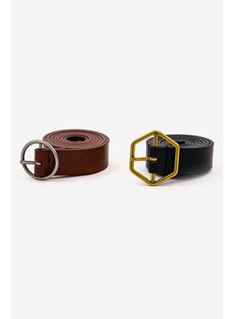 Buy Women 2 Pack Buckle Belt, Black/Brown in Saudi Arabia