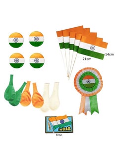Buy Indian Bamboo Flag with Stick 14x21cm Pack of 6 + Indian Badge Pack of 4 + Indian Badge Ribbon 1 Pcs. +  Indian Flag Baloon 6 Pcs. (Free Indian Magnet) in UAE