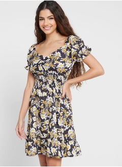 Buy Puff Sleeve Printed Dress in Saudi Arabia