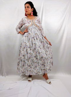 Buy PRIYA'S PANACHE Cotton Flared Printed White Kurta -Designer Festival Traditional Ethnic Indian Partywear For Women in UAE