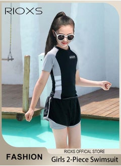 Buy Girls Two-Piece Swimsuit Rash Guard Short Sleeve Swimsuit Kids Swimwear Water Sports Sun Protection Bathing Suits With Skirts in UAE