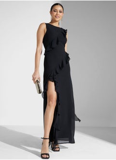 Buy Mesh Ruffle Side Slit Dress in UAE