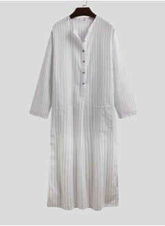 اشتري Men's Muslim Stripe Pattern Loose Robe Thobe Long Sleeve Side Split Kaftan White في الامارات