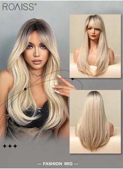 Buy Ombre Blonde Dark Root Wig with Bangs, Long Hair Wig for Women Straight Synthetic Natural Heat Resistant Fiber Wigs as Real Hair for Daily Wear, Party, Costume, Cosplay, 65CM in Saudi Arabia