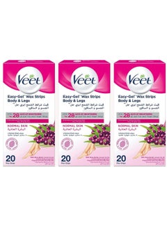 Buy Pack Of 3 Veet Easy Gel Legs Wax Strips Normal 20 Pack Long Lasting Smoothness Skin in Saudi Arabia