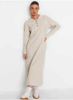 Buy Beige Polo Neck Comfortable Fit Rib Knitwear Dress TCTAW24EB00025 in Egypt