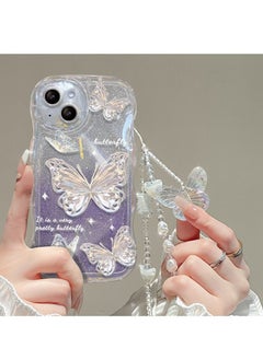 Buy iPhone 15 Plus Case cover butterfly Pattern with camera len protector Beaded Lanyard Wrist anti-drop Strap for Women Girls, Soft TPU Full Protective Cover back comfortable touch feeling accessory in Saudi Arabia