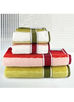 اشتري 4 Piece Bathroom Towel Set ZICZAC 500 GSM 100% Cotton Velour 2 Bath Towel 70X140 cm & 2 Hand Towel 50x90 cm Red & Green Color Modern Stripe Design Luxury Touch Extra Absorbent في الامارات