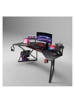 Buy Light Professional Gaming Table 180 cm with Carbon Fiber Top, Gaming Table with Headphone Hook and Cup Holder from Alawwal (Black 180 cm) in Saudi Arabia