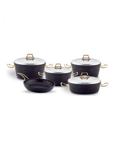 Buy 9-Piece Granitec Cookware Set - Stainless Steel Lids - 3 Deep Pots - 1 Low Pot - 1  Frypan - Non-Stick Surface - PFOA Free - Black & Gold in UAE