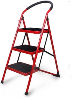 Buy Space-Saving Red 3-Step Folding Step Ladder with Anti-Slip Wide Pedal for Home and Kitchen Use in UAE