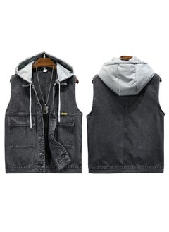 اشتري 2024 Unisex Trendy Denim Vest Hooded Sleeveless Black Gray في السعودية