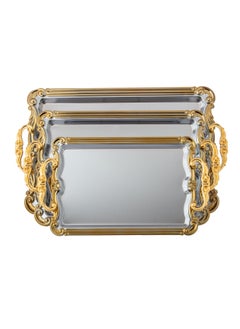 Buy A set of 3-piece stainless steel serving trays, chrome and golden handle in Saudi Arabia