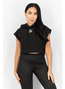 اشتري Women Sportswear Fit Hooded Cap Sleeve Cropped Sweatshirt, Black في السعودية