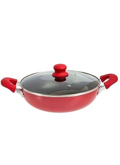 Buy Kitchen Aluminum Non Stick Wok Pan Induction Kitchen Cooking Pot 28 cm Accessories Deep pan with Glass Lid 28cm Compatible Aluminium Flat Base Pan (Red) in Saudi Arabia