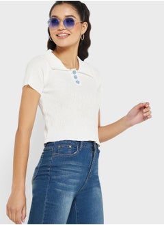 Buy Textured Cropped Button Detail Top in UAE