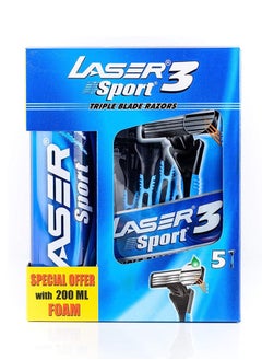 Buy 5 Pieces Sport 3 Three Blade Disposable Shaving Razor And Laser Sport Shaving Foam 200ML in UAE