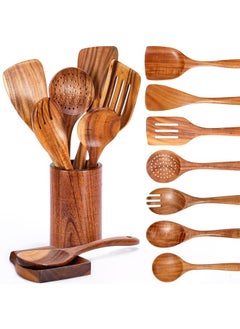 Buy 9 Piece Natural Teak Wooden Kitchen Utensil Set with Spoon Rest, Comfort Grip Cooking Spoons and Utensils Holder, Non-Stick Wooden Spoons for Cooking, Kitchen Gift Set in Saudi Arabia