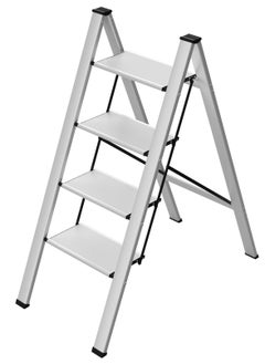 Buy Power Industrial Home Ladder Aluminum Folding Step Rack Stool Wide Anti-Slip Pedals Lightweight Portable Home and Office White 4 Steps in UAE