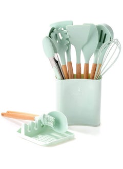 Buy Silicone Cookware Set, Silicone Kitchen Utensil Set 13 Pieces, Wooden Handle Nonstick Cookware Utensil Tool, Non-Toxic Heat Resistant Kitchen Tool Set with Storage Bucket and Lid Holder(Green) in UAE