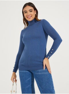 Buy Slim Fit Turtle Neck Sweater with Button Cuff Detail in Saudi Arabia